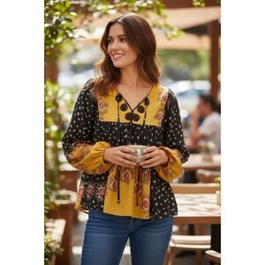 Farm Rio Intarsia Floral Top Womens XS Viscose Boho Peasant Hippie Oversized